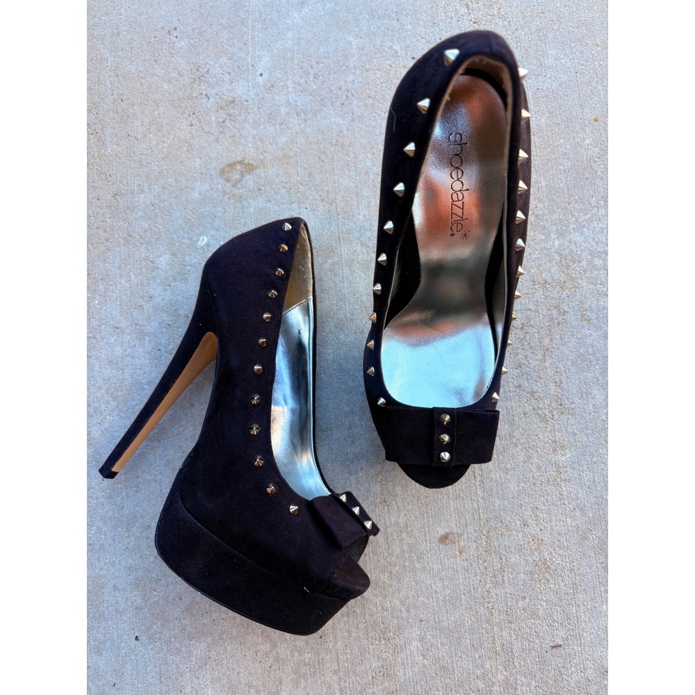 Y2K Shoedazzle Black Studded Peep Toe Platform Stiletto Pumps Heels Womens 7 - Picture 1 of 5